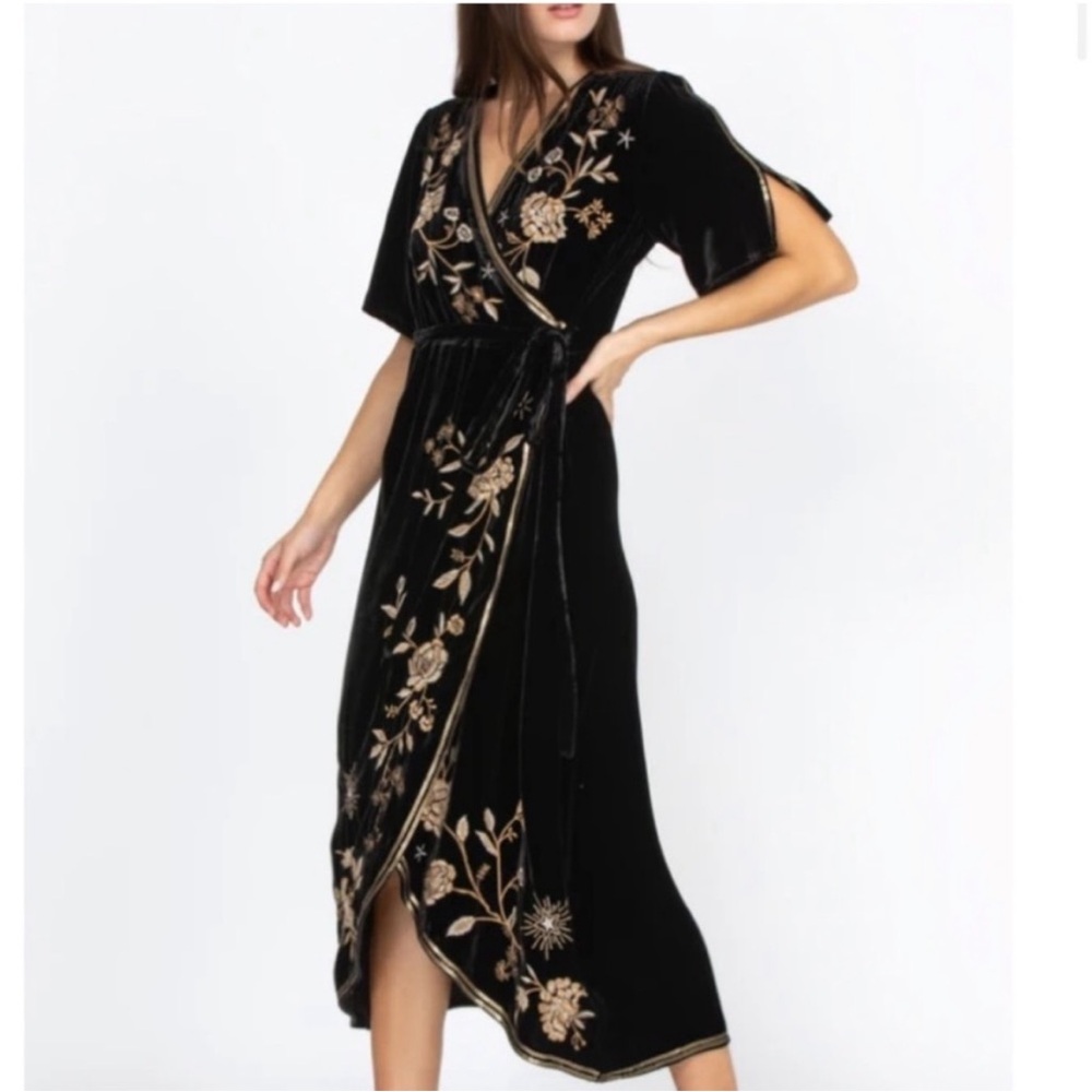 Johnny Was Black Velvet Midi Dress with Gold Floral Embroidery - Picture 3 of 6